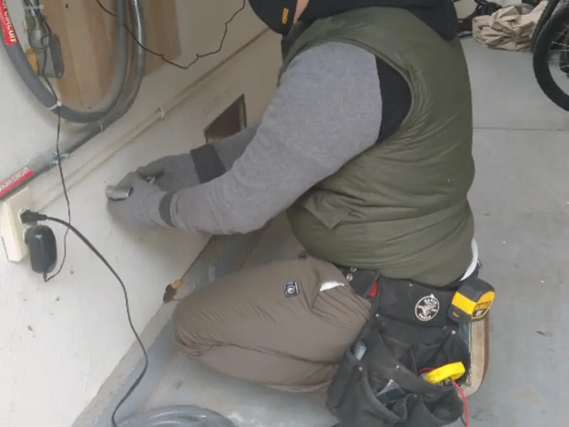Electrician performing outlet wiring in a South Jordan garage